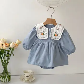 2023 Новая весенняя детская одежда, Милое голубое платье с вышивкой для маленькой девочки, комбинезон для новорожденной девочки, одежда
