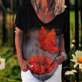 2023 Новая женская футболка, Летние винтажные топы с цветочным рисунком, повседневная блузка с V-образным вырезом, модный женский пуловер оверсайз, женская одежда