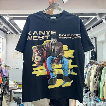 2023ss, футболка с принтом KANYE Little Bear, мужская и женская футболка в стиле хип-хоп с круглым вырезом, футболки из чистого хлопка с коротким рукавом
