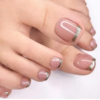 24шт Французских накладных ногтей с блестками Телесного розового цвета, наклеивающихся на ногти, полное покрытие, пригодных для носки Женщин, девочек, Корейских сладких накладных ногтей
