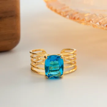 ALLNEWME, Шикарные кольца-шармы из блестящего синего цвета со стразами, Многослойное регулируемое кольцо из золота 18 Карат и нержавеющей стали.