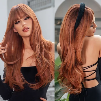 GEMMA Red Brown Copper Ginger Длинные прямые синтетические парики для женщин, парики из натуральных волн с челкой, Термостойкие волосы для косплея