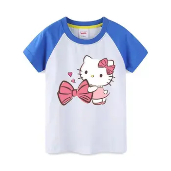 Hello Kitty Для девочек, Милая Повседневная удобная футболка с коротким рукавом и принтом, Детский хлопковый топ с бантом, детская одежда