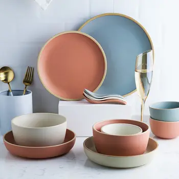 Morandi, Однотонный Матовый керамический набор чаш и тарелок, Посуда, Миски для лапши, Плоская тарелка, Тарелки для стейка, Кухонные принадлежности