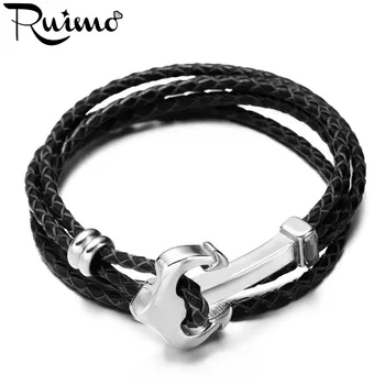 RUIMO Модный якорный браслет из нержавеющей стали 316l, Многослойные браслеты-манжеты из натуральной кожи, мужские браслеты, ювелирные изделия