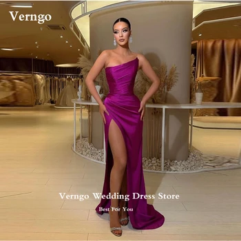 Verngo Темно-фиолетовые атласные длинные платья для выпускного вечера Со складками, вечерние платья без бретелек с разрезом, арабские женские вечерние платья для вечеринок, вечерние мероприятия
