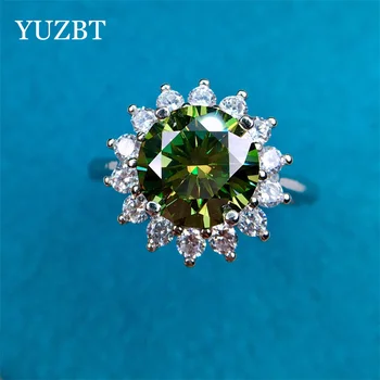 YUZBT S925 Стерлинговое Серебро с твердым бриллиантом 3 карата, Тестер, темно-зеленый муассанит, кольцо с подсолнухом, женские модные свадебные украшения