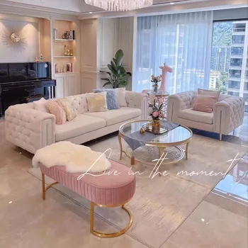 Американская легкая роскошная гостиная в постмодернистском кремовом стиле, тканевый диван с прямым рядом, высококлассный диван