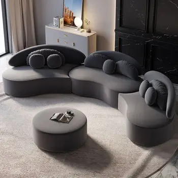 Бархатный секционный диван с пуфиком Современный 7-местный изогнутый напольный диван темно-серого цвета