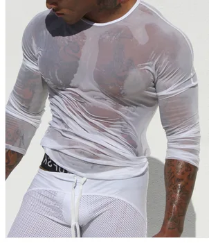 Бесплатная доставка, Прозрачная сетчатая футболка с длинными рукавами, мужская одежда, мужская перспективная сетчатая футболка