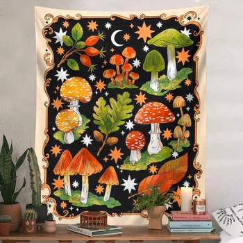 Ботанический гобелен с кактусом, висящий на стене, Луна, Звездная диаграмма грибов, Богемные гобелены в стиле хиппи, Психоделический домашний декор