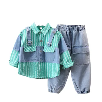 Весенняя джинсовая рубашка для мальчиков, искусственный костюм-двойка, топ в полоску в стиле пэчворк, джинсовые брюки, костюмы, комплекты детской одежды, Студенческая одежда 2-10