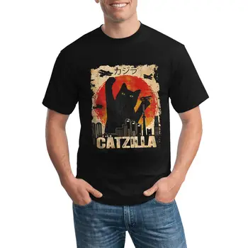 Винтажная футболка Catzilla Funny Black Cat, винтажная футболка funny cat owner sunset, модные футболки из 100% хлопка, повседневные топы с круглым вырезом и принтом