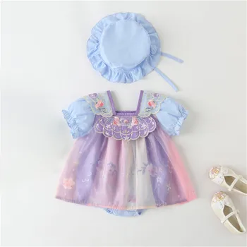 Винтажное платье-комбинезон Hanfu для новорожденных девочек, летнее детское платье в китайском стиле с короткими рукавами и шапочкой, праздничная повседневная одежда, Vestido