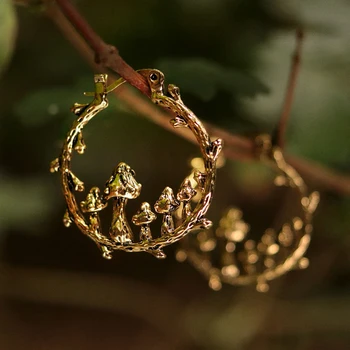 Винтажные чешские золотые серьги-кольца с грибами для женщин, уникальные дизайнерские серьги с виноградной лозой, свадебные украшения