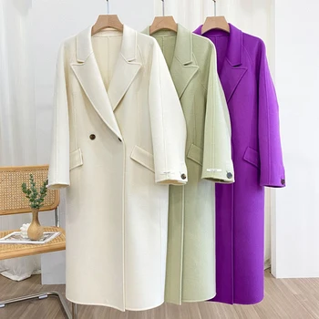 Двустороннее пальто ручной работы из 100% шерсти, женская Корейская модная Длинная Свободная однотонная элегантная зимняя куртка 2023 года выпуска