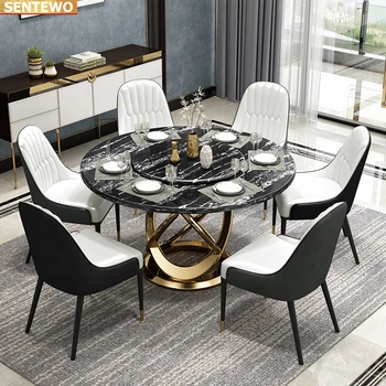 Дизайнерский роскошный круглый обеденный стол из мраморной каменной плиты с обеденным столом и 8 стульями mesa de jantar comedor sillas с золотой основой из нержавеющей стали