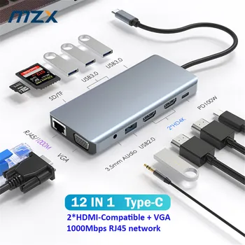 Док-станции MZX 12-в-1 Концентратор USB Extension Dual 2 HDMI-совместимый Tipo C Type 1000 Мбит/с Rj45 Док-станция для Ноутбука Macbook Windows