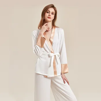 Женская весенне-летняя шелковая пижама QSROCIO, широкие брюки с длинным рукавом, Комплект из двух предметов, Роскошная ночная рубашка, Женская домашняя одежда