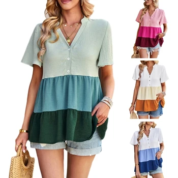 Женская повседневная блузка с V-образным вырезом и пуговицами в стиле пэчворк, короткий рукав, Модные топы в цветном блоке, рубашки свободного цвета, контрастная футболка