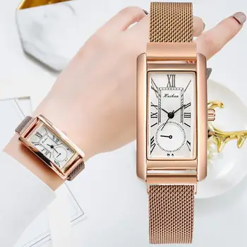 Женские Плюшевые часы с квадратным циферблатом, Ультратонкий Сетчатый ремень, магнитные кварцевые часы, женские часы для платья, Классические часы-браслет из Розового золота