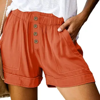 Женские шорты с высокой талией Свободные Широкие штанины на пуговицах Стильные повседневные летние женские шорты