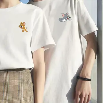 Забавная милая футболка с изображением Джерри, одежда для пары с рисунком Тома из мультфильма, модный дизайн, футболка в корейском стиле, Летние повседневные мягкие футболки