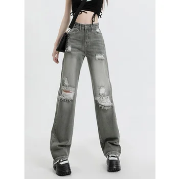 Зеленые джинсы Женские с высокой талией, поношенные, американская мода, уличная одежда Y2K, широкие джинсовые женские брюки, прямые мешковатые джинсовые брюки