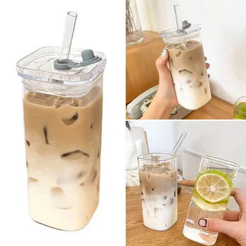 Квадратная термостойкая прозрачная кофейная стеклянная кружка, стакан для чая с молоком, стакан для сока, стакан для воды с крышкой и соломенной кофейной чашкой, кружка для напитков