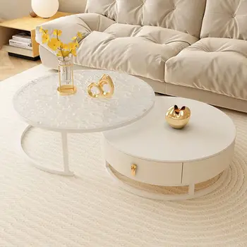 Кофейный столик из чистого белого камня в кремовом стиле, гостиная, Домашний Простой современный круглый журнальный столик с водной рябью, Комбинированный столик