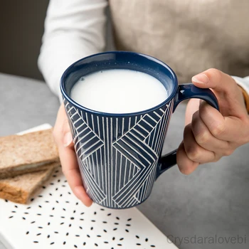 Креативная большая чашка с тиснением, домашняя керамическая чашка для молока и кофе, открытая дизайнерская чашка для воды, пара кружек