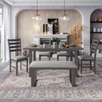 Кухонный обеденный стол из 6 предметов, деревянный прямоугольный обеденный стол, обеденный стул и скамейка из 4 предметов, семейная мебель (серый)