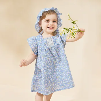 Летнее модное платье для девочек с квадратным вырезом, платья для маленьких принцесс, синее платье с коротким рукавом и фрагментами для девочек в цветочек