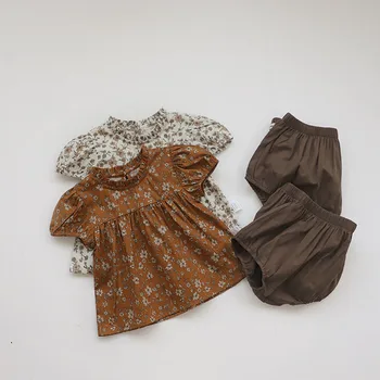 Летние комплекты одежды для маленьких девочек, Модная детская рубашка с цветочным рисунком для девочек + шорты, костюм из 2 предметов, Милая праздничная одежда для маленьких девочек DT138
