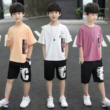 Летние модные хлопковые короткие костюмы для мальчиков 4, 6, 8, 10, 12 лет, футболки для мальчиков в корейском стиле + Шорты, Брюки, Комплекты из 2 предметов, детская одежда