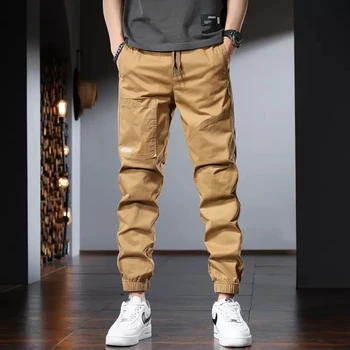 Летние хлопковые мужские повседневные брюки, уличная одежда в корейском стиле, Темно-хаки, брюки для бега с эластичной резинкой на талии и завязками