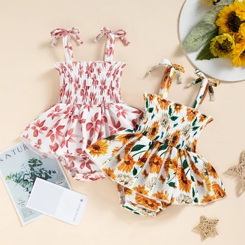 Летняя одежда для новорожденных девочек с вырезом лодочкой, цветочным принтом и рюшами, комбинезон на бретелях, Платье-комбинезон