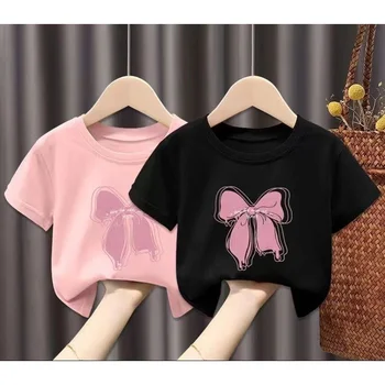 Летняя футболка для девочек, Новый детский топ с детским принтом, Корейский модный топ с короткими рукавами, хлопковая нижняя рубашка для девочек, Q507