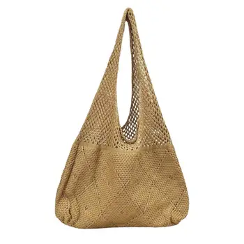 Модная вязаная женская сумка через плечо, летняя пляжная сумка-тоут, вязаная крючком сумка большой емкости, повседневная женская сумка для покупок из полой ткани, кошелек
