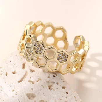 Модное кольцо с шестиугольным цирконом в виде сот Золотого цвета, Открывающиеся Регулируемые Кольца для женщин И мужчин, Геометрические Персонализированные ювелирные изделия, Подарки