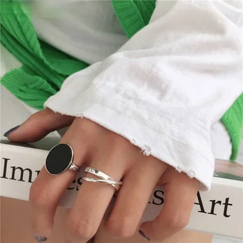Модный минимализм, черная глазурь в форме капли, открытое кольцо серебристого цвета овальной формы для женщин, простые модные украшения для вечеринок, Подарки и Аксессуары