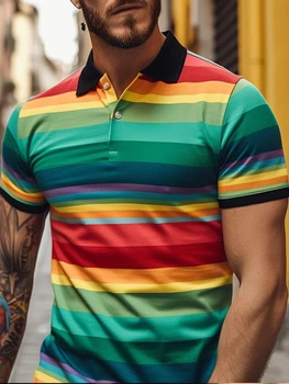 Мужская рубашка-поло с радужным художественным принтом, рубашка-поло с 3D принтом, на молнии, повседневная рубашка-поло Regular Fit с воротником
