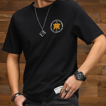 Мужская футболка с коротким рукавом и винтажным принтом, выстиранная из измельченного шерстяного хлопка, удобная летняя горловина с коротким рукавом