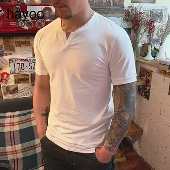 Мужская хлопковая однотонная футболка с короткими рукавами и V-образным вырезом в американском стиле 