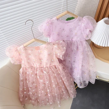 Новая летняя модная одежда для маленьких девочек, детское милое платье с коротким рукавом, повседневный костюм для малышей, детская Спортивная одежда, одежда для младенцев