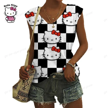 Новинка 2023 года, летняя женская мода, сексуальная майка без рукавов с V-образным вырезом, повседневная футболка с принтом Hello Kitty, повседневная майка
