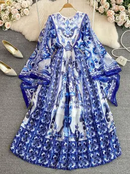 Новое Летнее Богемное Шифоновое платье с бело-голубым фарфоровым принтом, Женская одежда с круглым вырезом и расклешенными рукавами, Большие размахи, Макси Vestidos