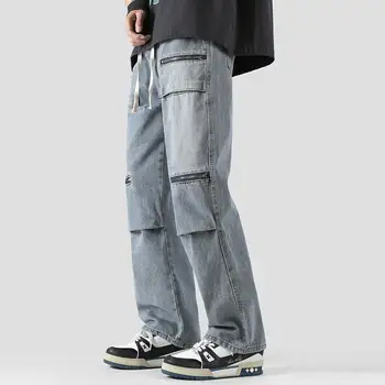 Новые мужские джинсы, однотонные повседневные свободные хлопковые прямые брюки, широкие мужские повседневные джинсы, весенние мужские брюки