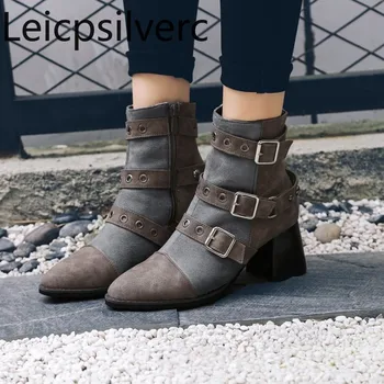новый стиль, осенне-зимние модные женские ботинки на молнии с острым носком, удобные, на толстом среднем каблуке, с короткой трубкой, размер 32-48, высота 6 см