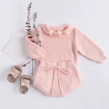 Осенние розовые вязаные костюмы, комплекты детской одежды для малышей, свитера для девочек, свитер с длинными рукавами и оборками + короткие детские костюмы из полипропилена